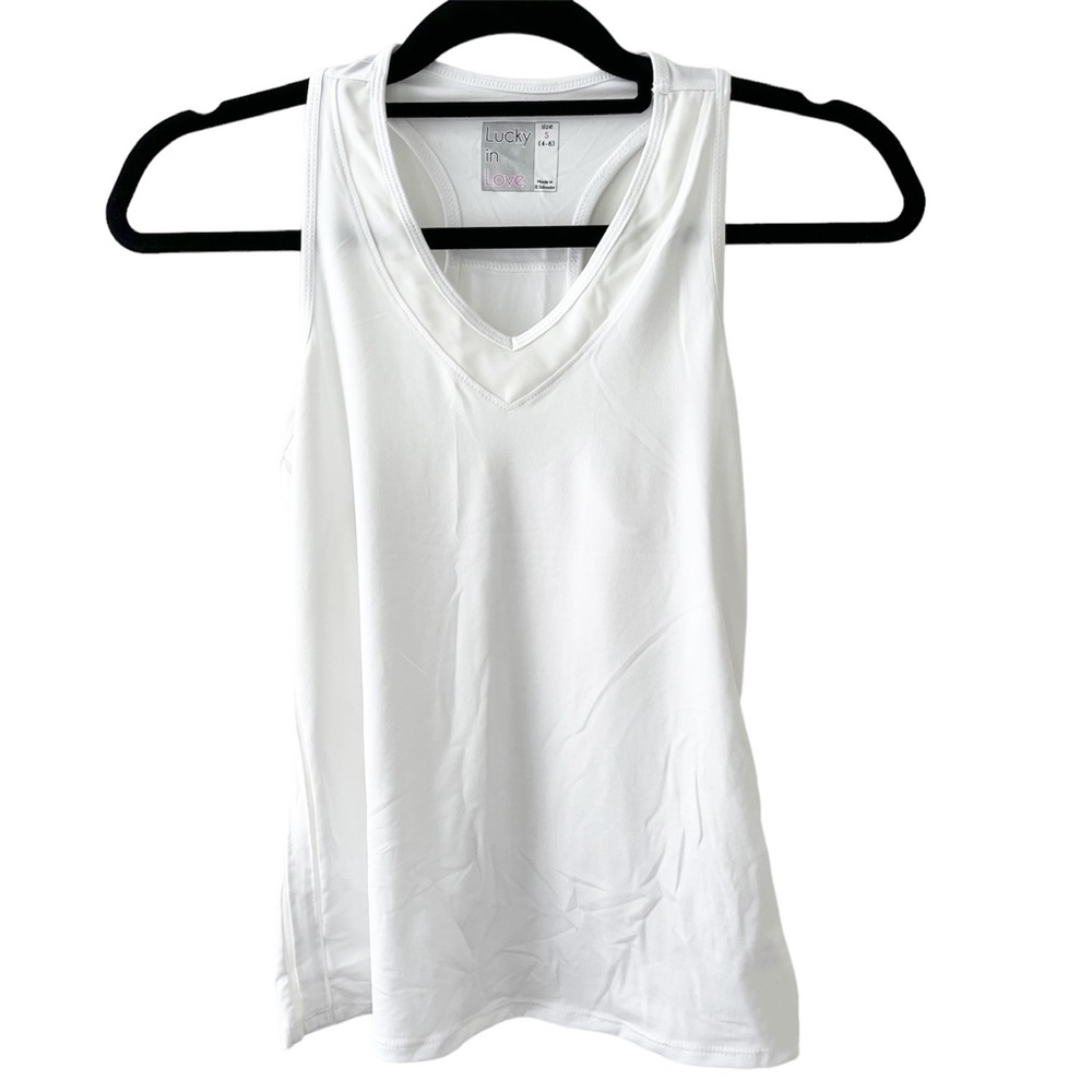 LUCKY IN LOVE White Athletic Tank Top Women’s S Mesh Features